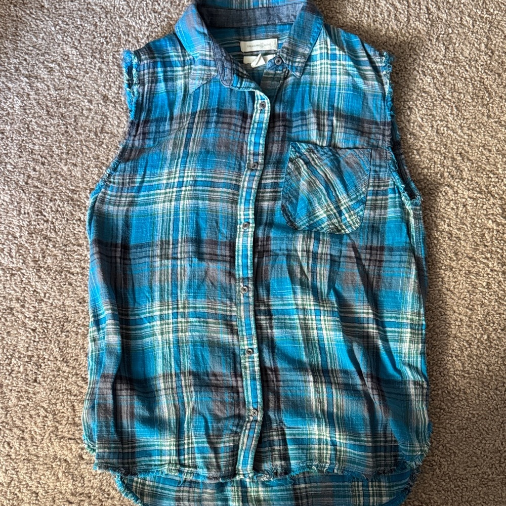 Treasure & Bond Teal and White Plaid Shirt